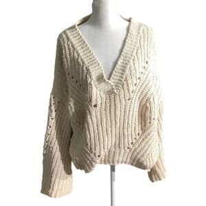 POL Chunky Knit Sweater Cream/Light Pink Women’s S/M — Oversized, Cozy, Boho